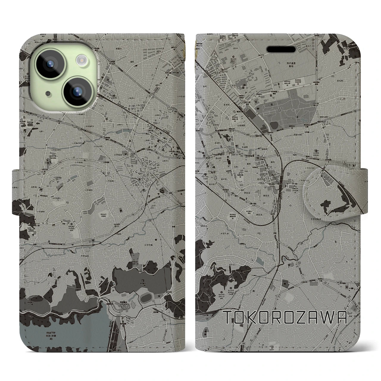 【所沢(埼玉県)】地図柄iPhoneケース(手帳タイプ)モノトーン・iPhone 15 用