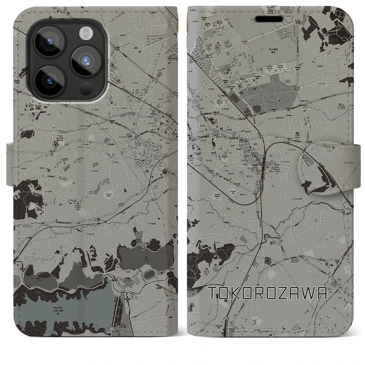 【所沢(埼玉県)】地図柄iPhoneケース(手帳タイプ)モノトーン・iPhone 15 Pro Max 用