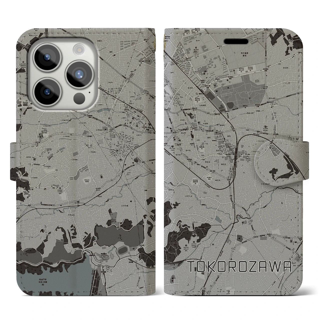 【所沢(埼玉県)】地図柄iPhoneケース(手帳タイプ)モノトーン・iPhone 15 Pro 用