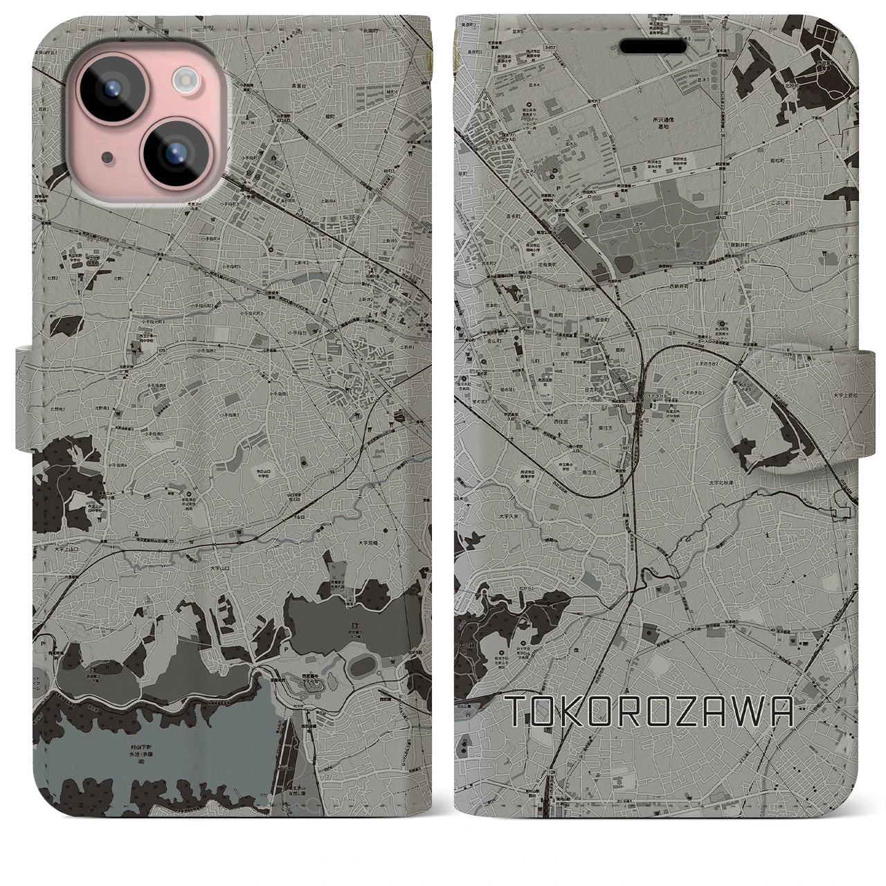 【所沢(埼玉県)】地図柄iPhoneケース(手帳タイプ)モノトーン・iPhone 15 Plus 用
