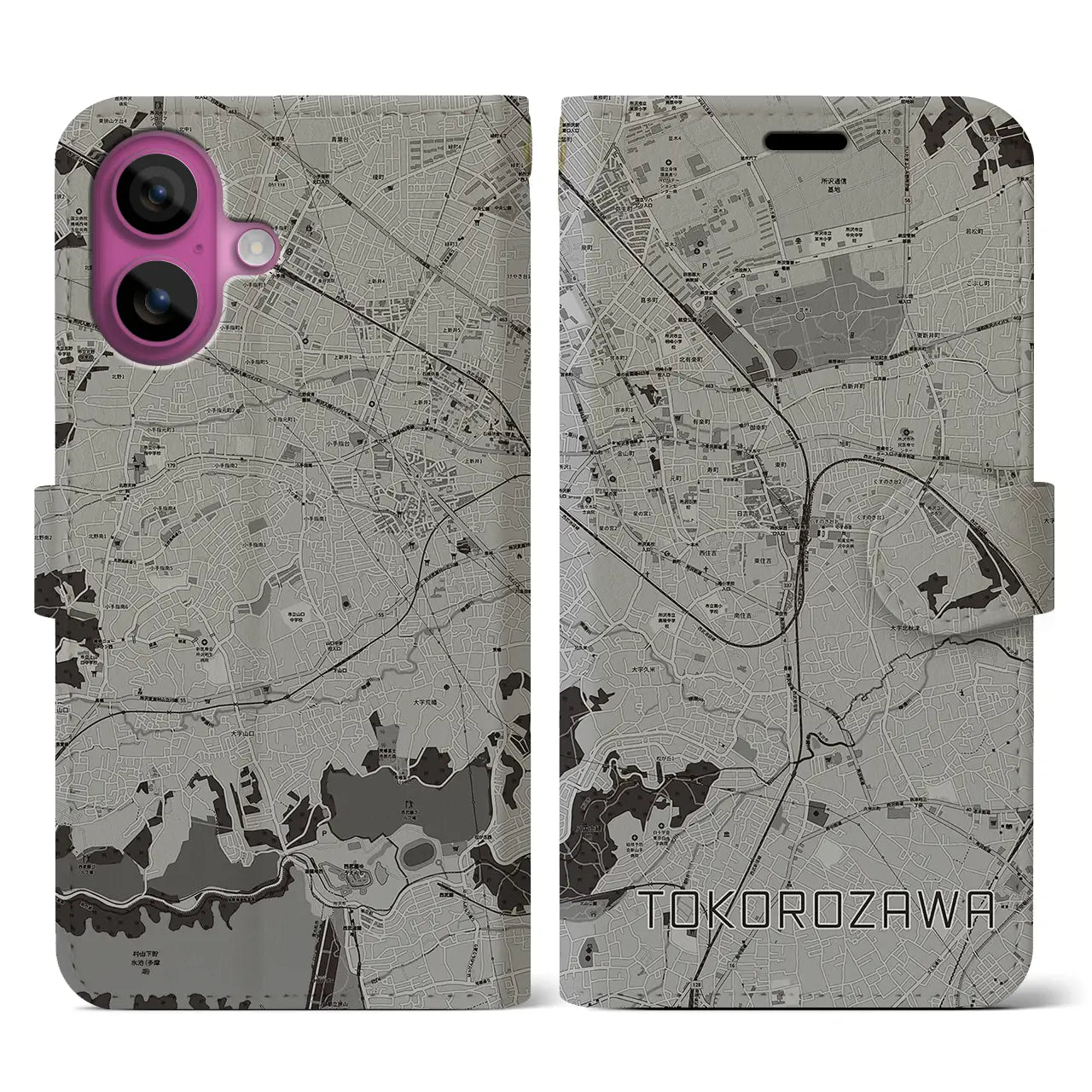 【所沢(埼玉県)】地図柄iPhoneケース(手帳タイプ)モノトーン・iPhone 16 Pro 用