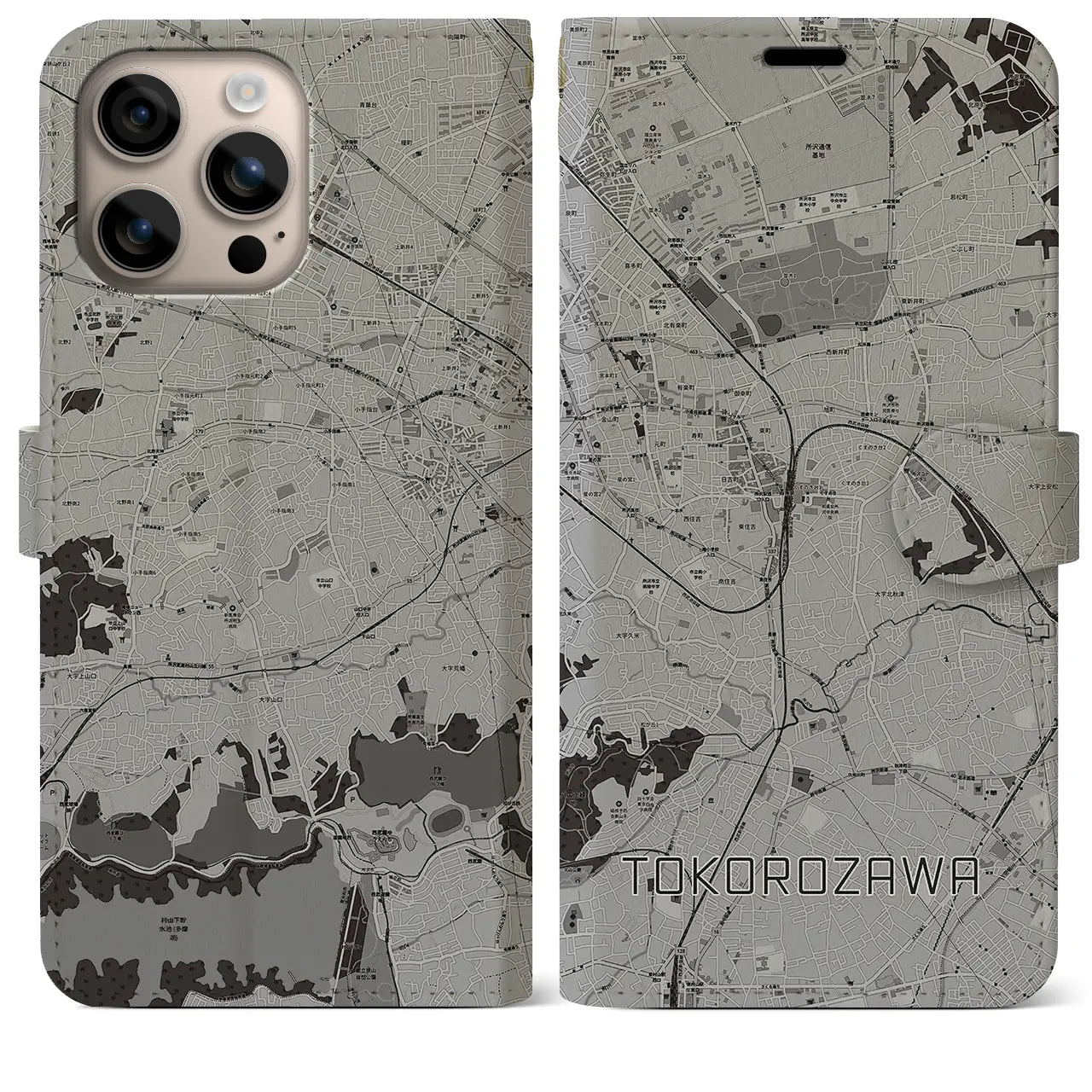 【所沢(埼玉県)】地図柄iPhoneケース(手帳タイプ)モノトーン・iPhone 16 Plus 用
