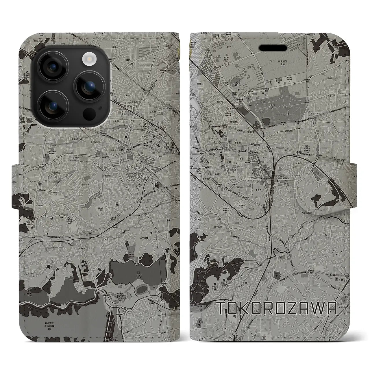 【所沢(埼玉県)】地図柄iPhoneケース(手帳タイプ)モノトーン・iPhone 16 用
