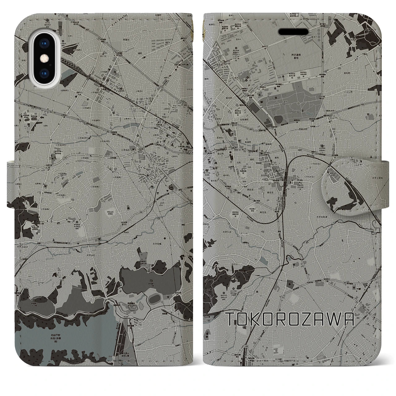 【所沢(埼玉県)】地図柄iPhoneケース(手帳タイプ)モノトーン・iPhone XS Max 用