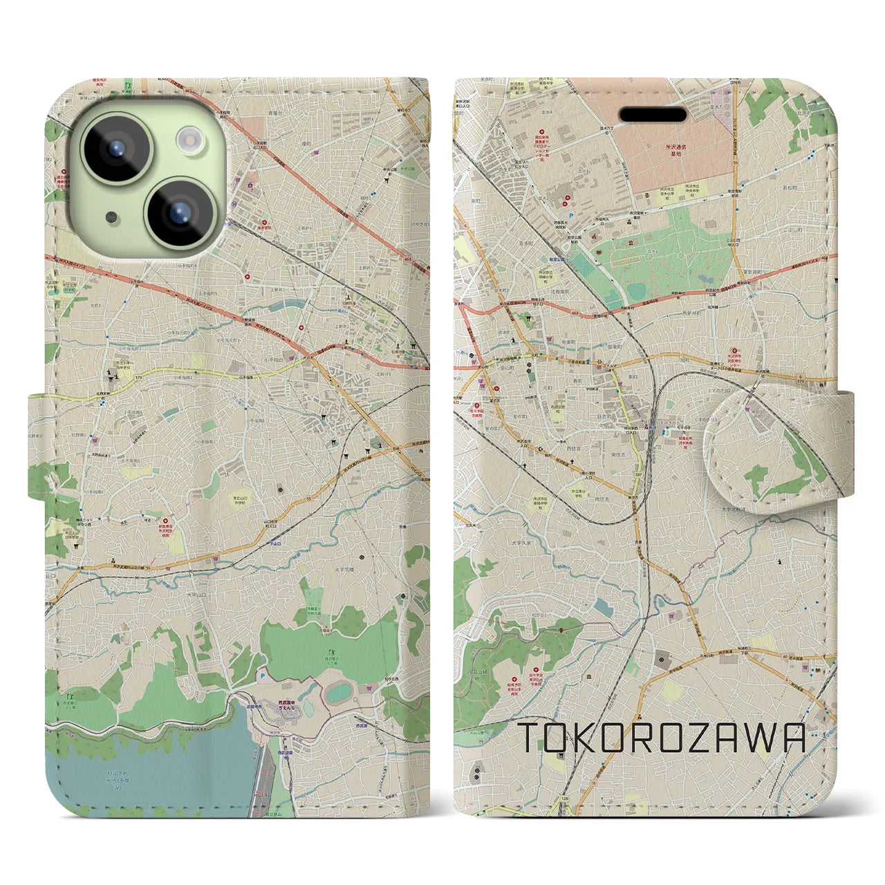 【所沢(埼玉県)】地図柄iPhoneケース(手帳タイプ)ナチュラル・iPhone 15 用