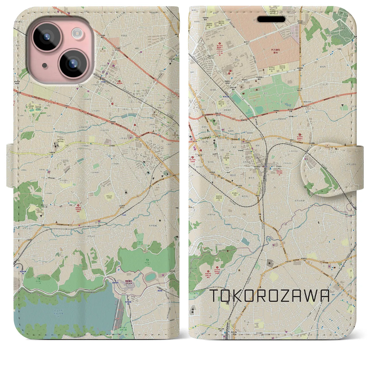 【所沢(埼玉県)】地図柄iPhoneケース(手帳タイプ)ナチュラル・iPhone 15 Plus 用