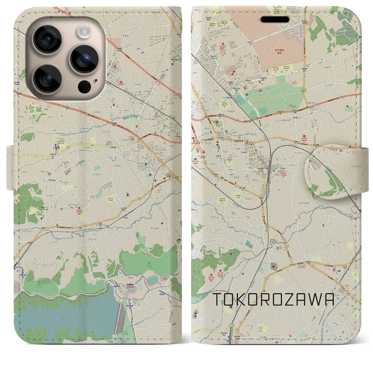 【所沢(埼玉県)】地図柄iPhoneケース(手帳タイプ)ナチュラル・iPhone 16 Plus 用