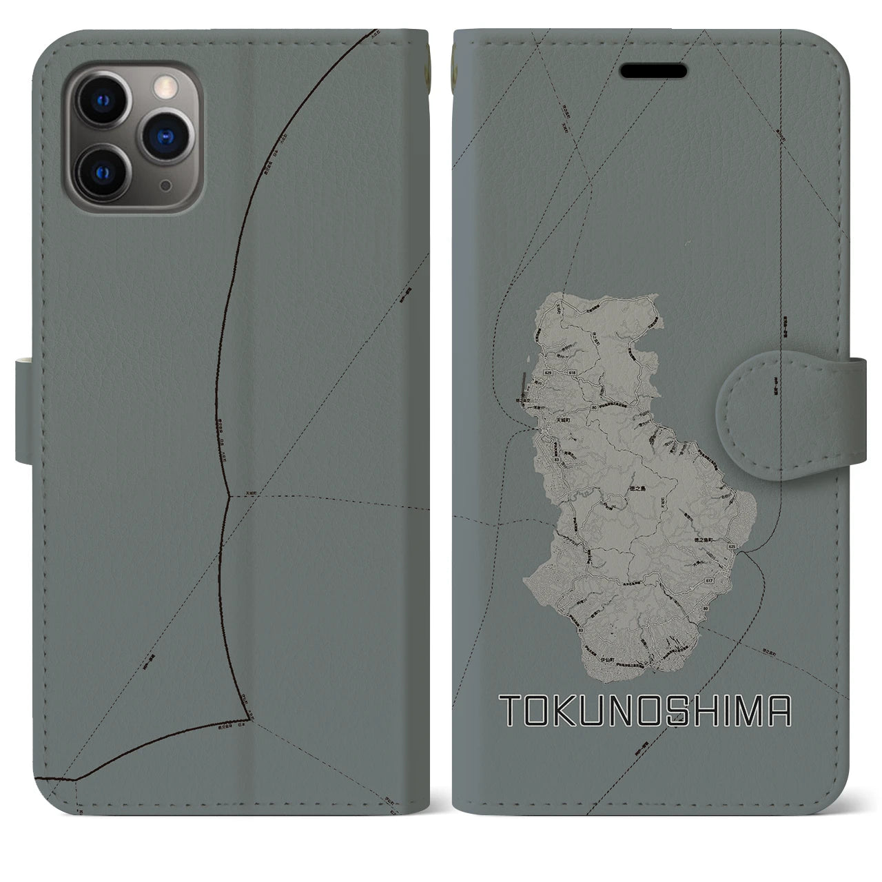 【徳之島(鹿児島県)】地図柄iPhoneケース(手帳タイプ)モノトーン・iPhone 11 Pro Max 用