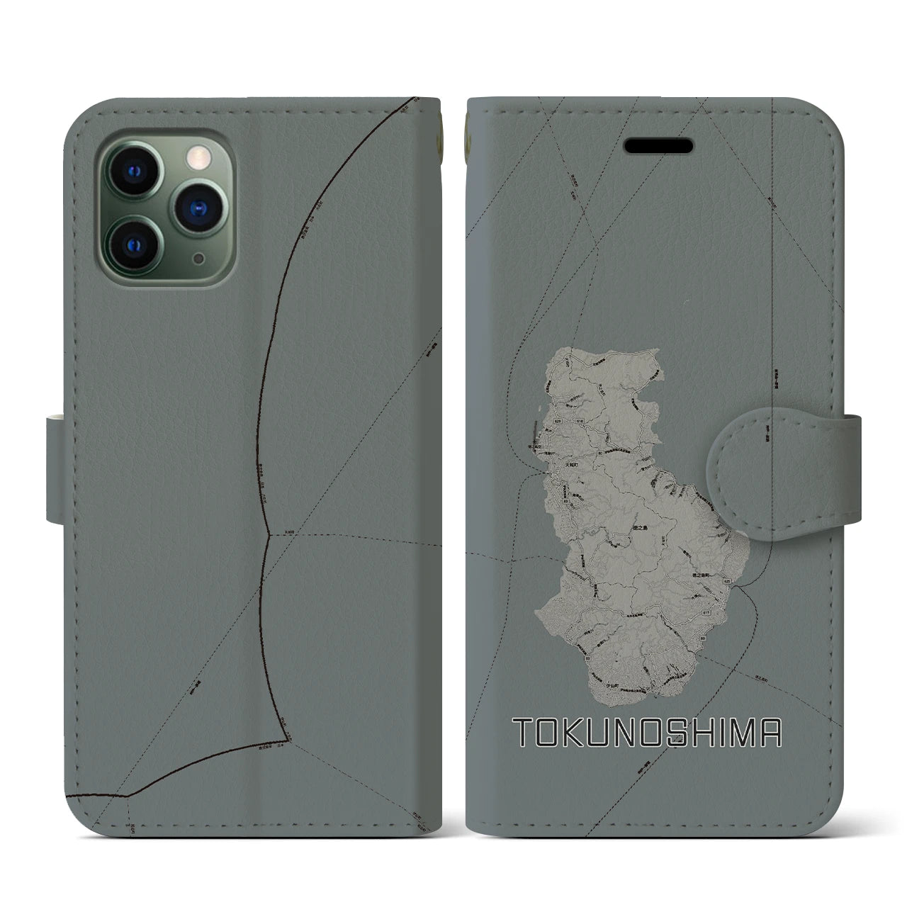 【徳之島(鹿児島県)】地図柄iPhoneケース(手帳タイプ)モノトーン・iPhone 11 Pro 用