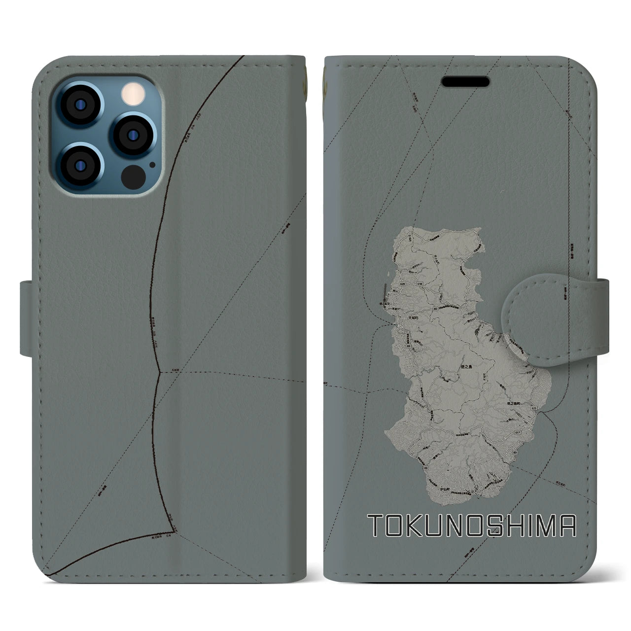 【徳之島(鹿児島県)】地図柄iPhoneケース(手帳タイプ)モノトーン・iPhone 12 / 12 Pro 用