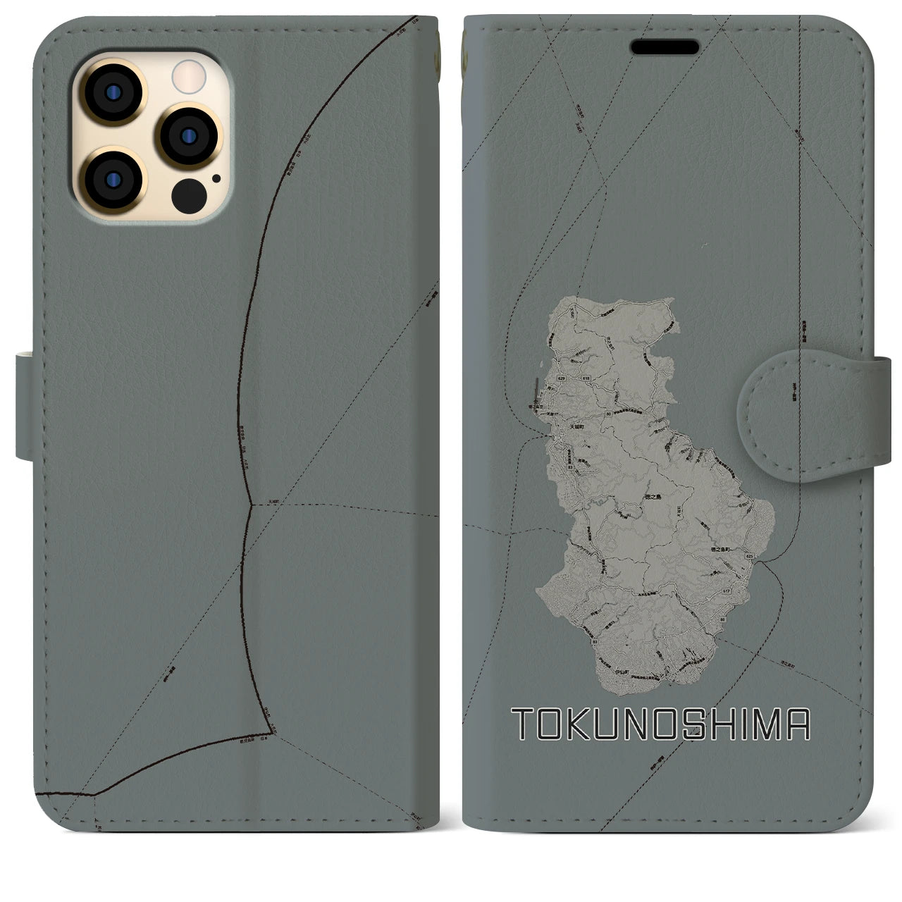 【徳之島(鹿児島県)】地図柄iPhoneケース(手帳タイプ)モノトーン・iPhone 12 Pro Max 用