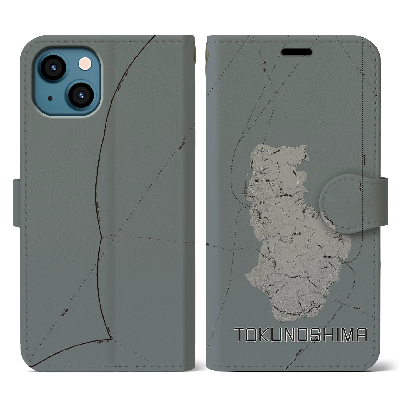 【徳之島(鹿児島県)】地図柄iPhoneケース(手帳タイプ)モノトーン・iPhone 13 用