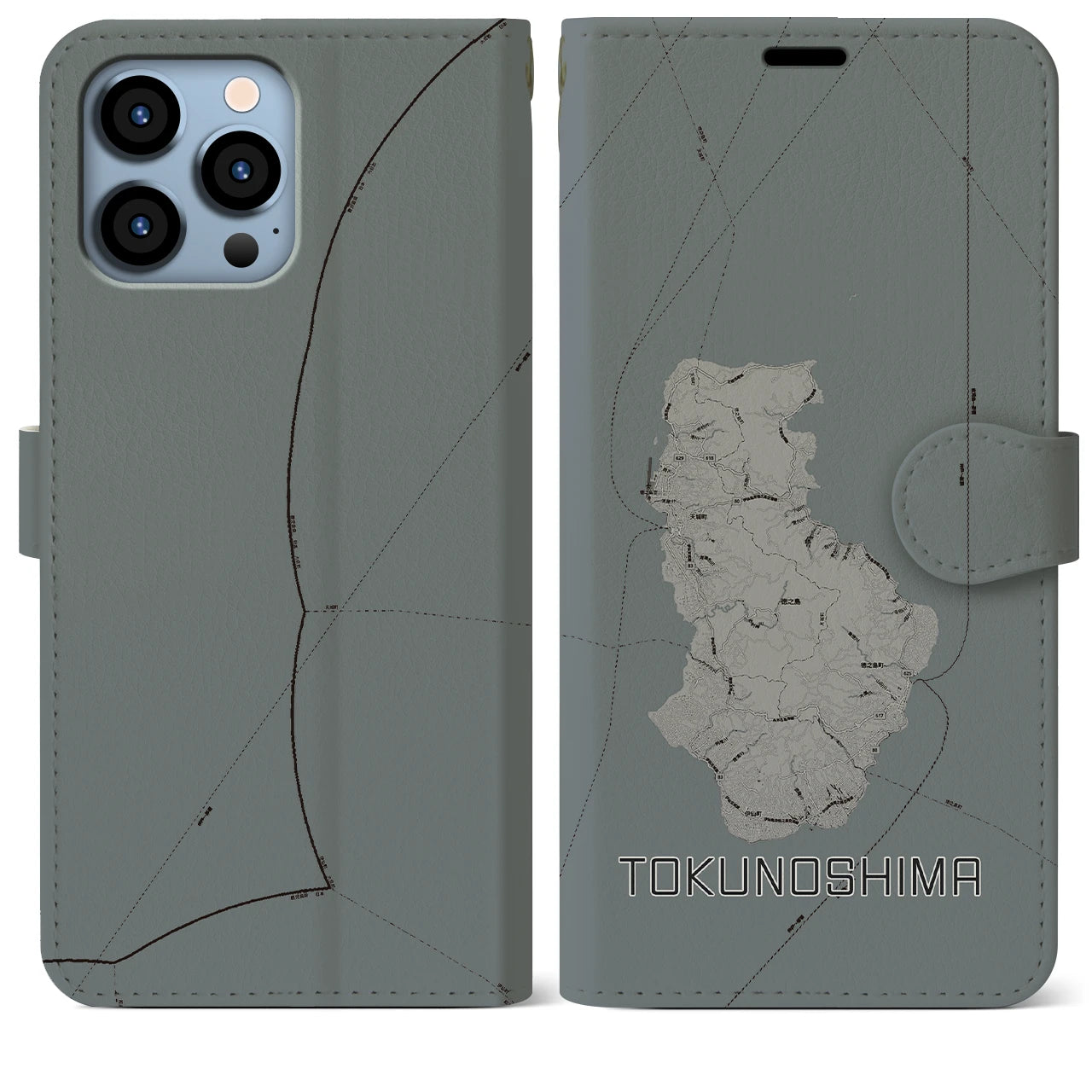 【徳之島(鹿児島県)】地図柄iPhoneケース(手帳タイプ)モノトーン・iPhone 13 Pro Max 用