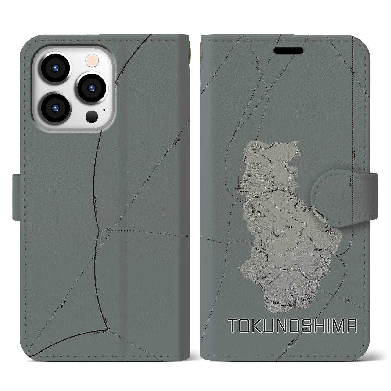 【徳之島(鹿児島県)】地図柄iPhoneケース(手帳タイプ)モノトーン・iPhone 13 Pro 用