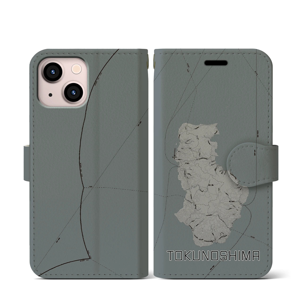 【徳之島(鹿児島県)】地図柄iPhoneケース(手帳タイプ)モノトーン・iPhone 13 mini 用