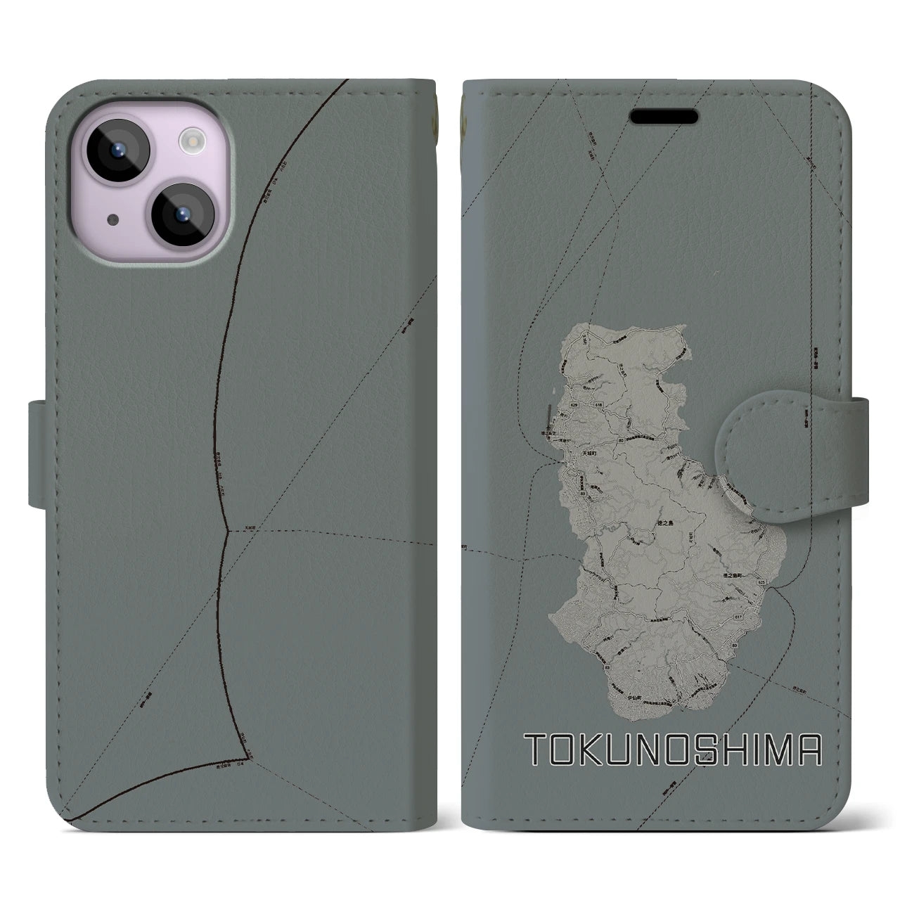 【徳之島(鹿児島県)】地図柄iPhoneケース(手帳タイプ)モノトーン・iPhone 14 用