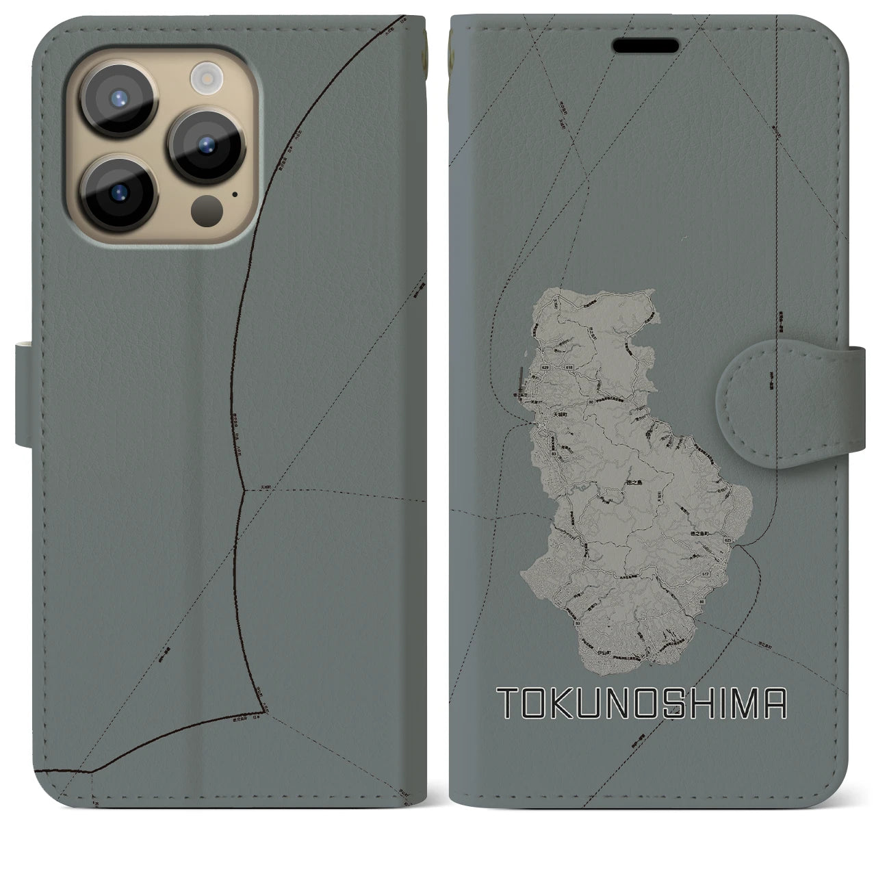 【徳之島(鹿児島県)】地図柄iPhoneケース(手帳タイプ)モノトーン・iPhone 14 Pro Max 用