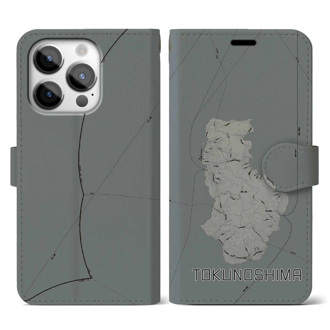 【徳之島(鹿児島県)】地図柄iPhoneケース(手帳タイプ)モノトーン・iPhone 14 Pro 用