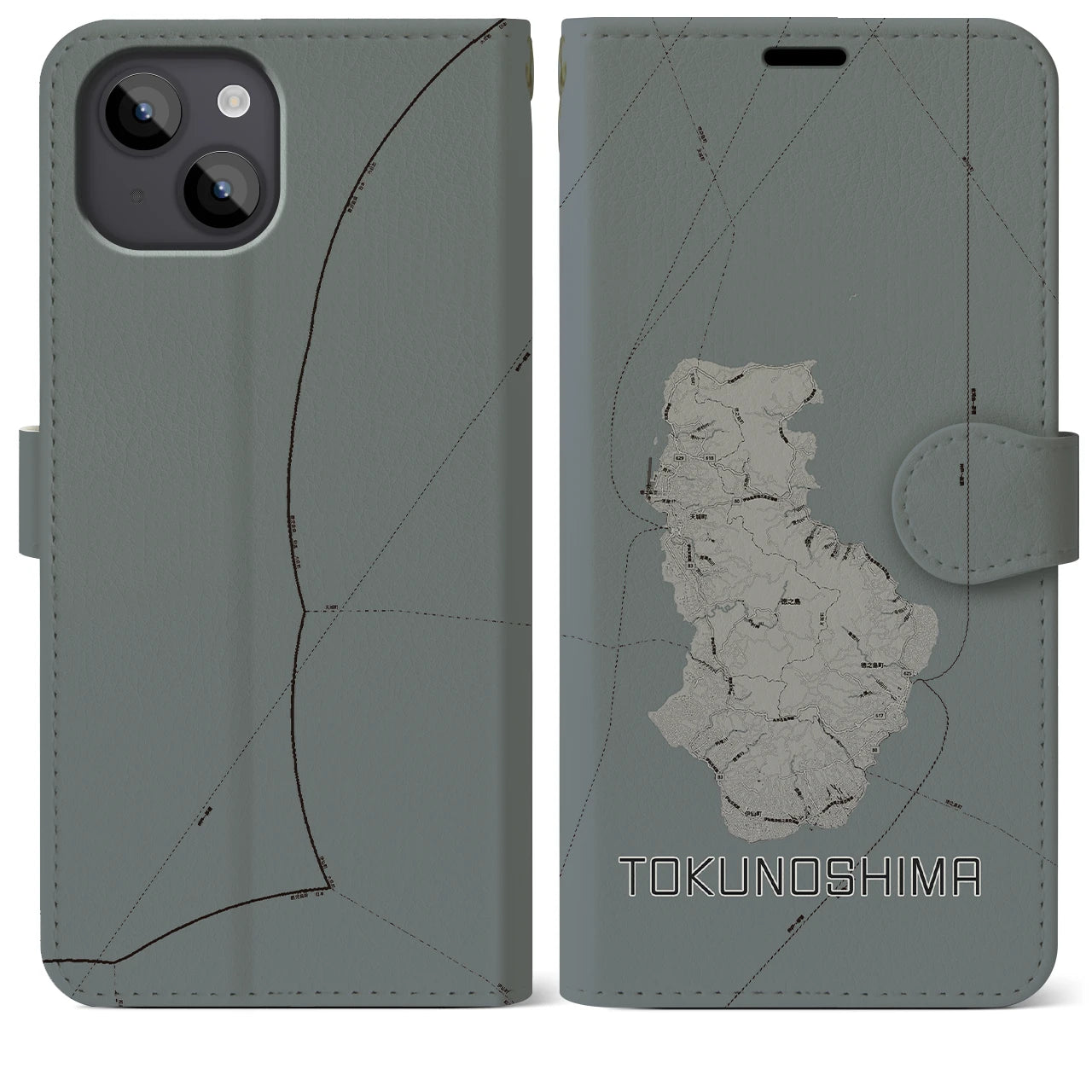 【徳之島(鹿児島県)】地図柄iPhoneケース(手帳タイプ)モノトーン・iPhone 14 Plus 用