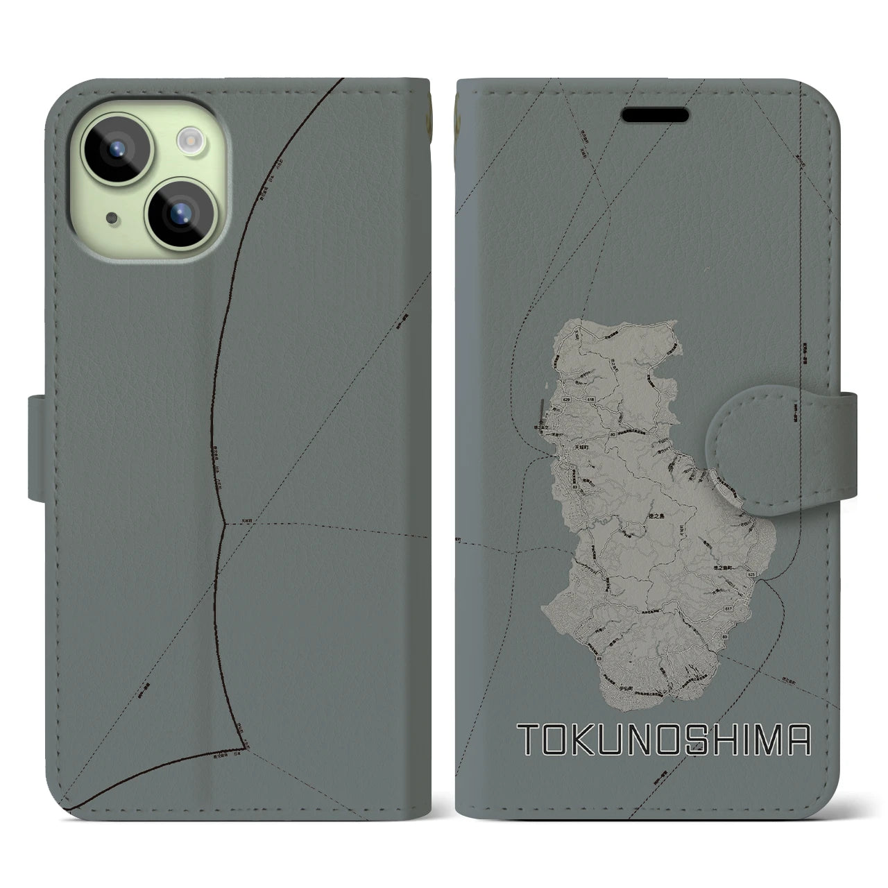 【徳之島(鹿児島県)】地図柄iPhoneケース(手帳タイプ)モノトーン・iPhone 15 用