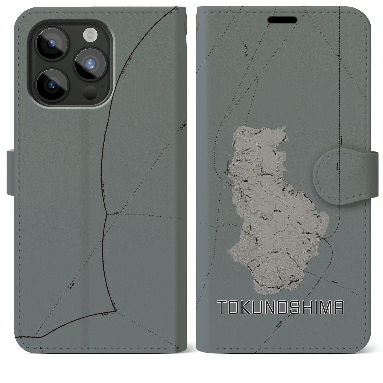 【徳之島(鹿児島県)】地図柄iPhoneケース(手帳タイプ)モノトーン・iPhone 15 Pro Max 用