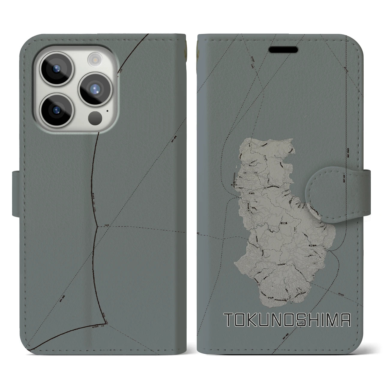 【徳之島(鹿児島県)】地図柄iPhoneケース(手帳タイプ)モノトーン・iPhone 15 Pro 用