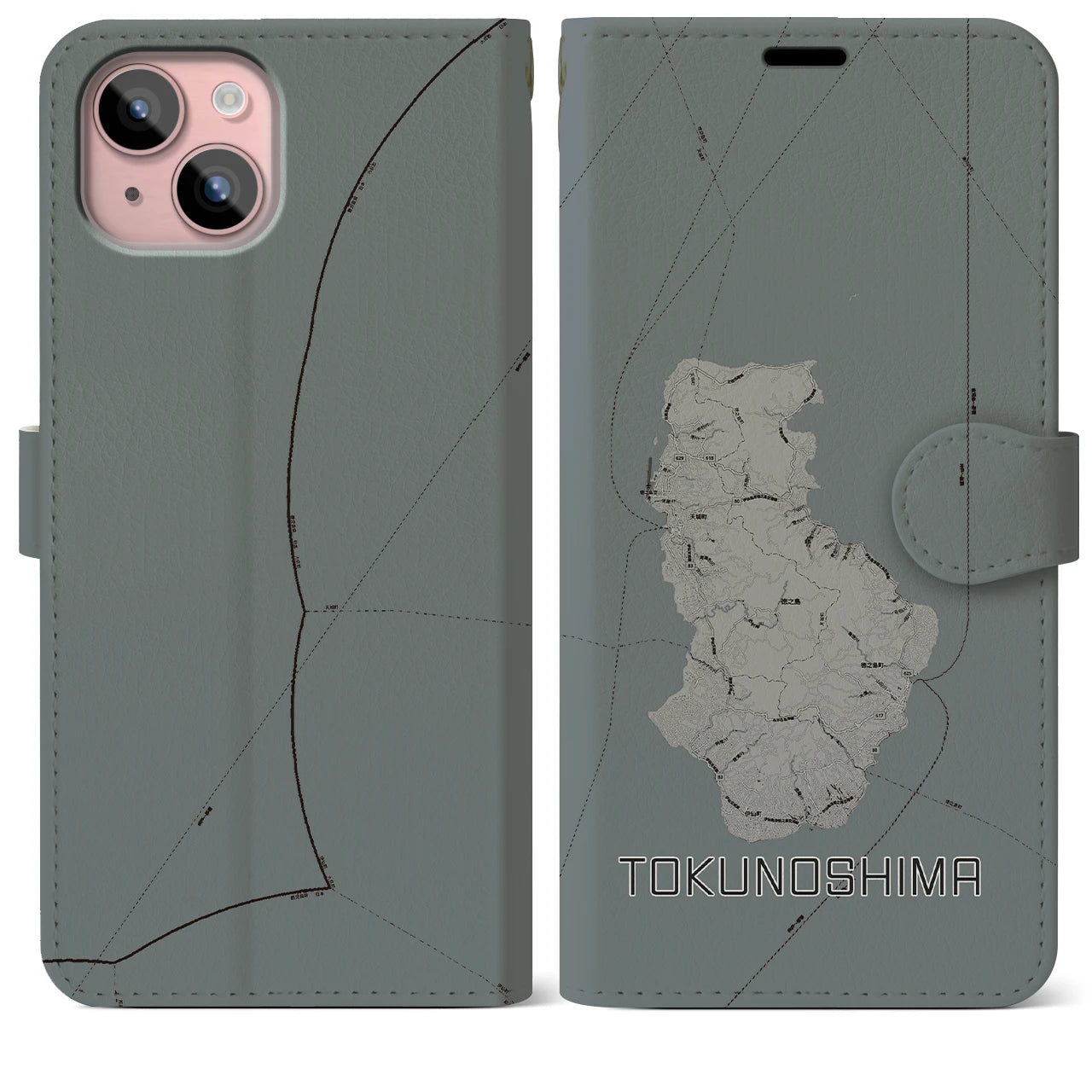 【徳之島(鹿児島県)】地図柄iPhoneケース(手帳タイプ)モノトーン・iPhone 15 Plus 用