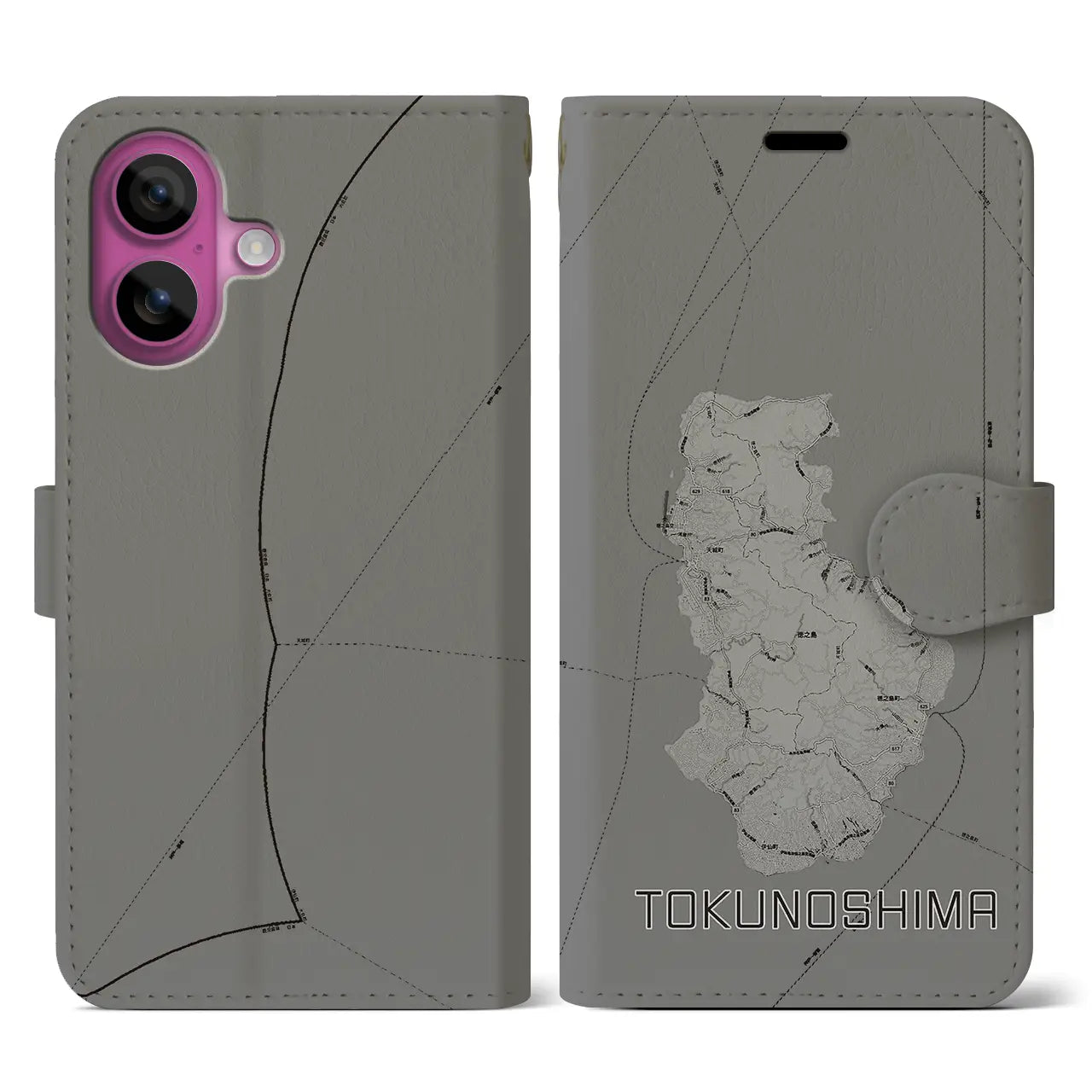【徳之島(鹿児島県)】地図柄iPhoneケース(手帳タイプ)モノトーン・iPhone 16 Pro 用