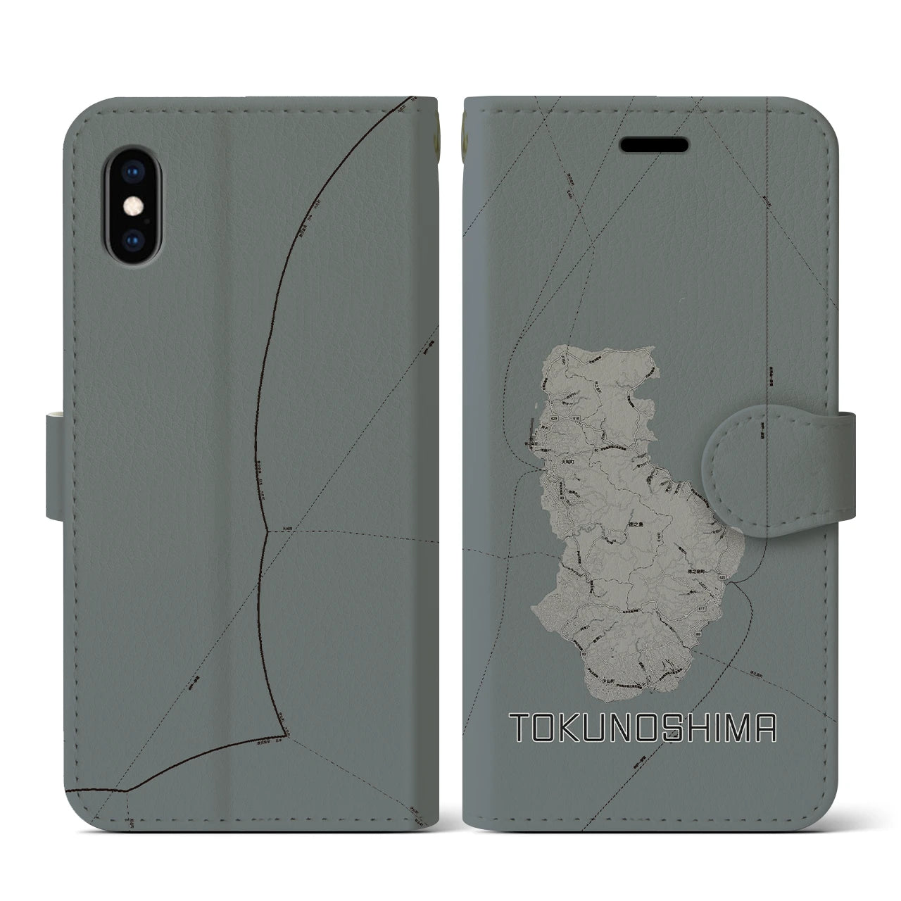 【徳之島(鹿児島県)】地図柄iPhoneケース(手帳タイプ)モノトーン・iPhone XS / X 用