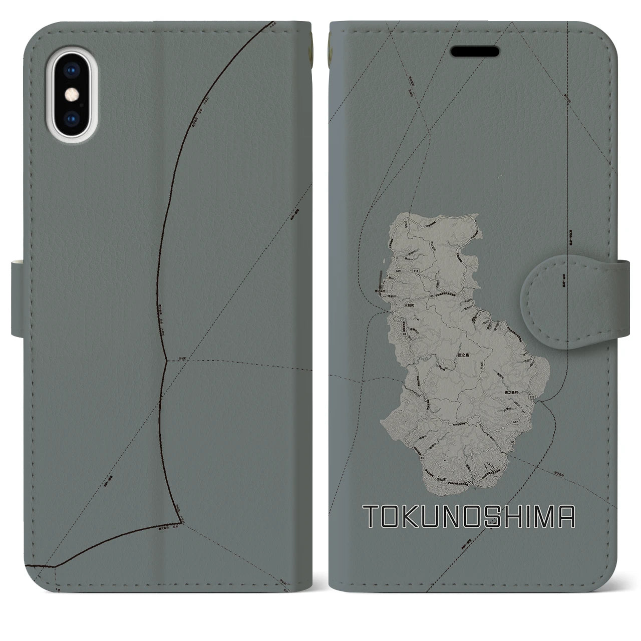 【徳之島(鹿児島県)】地図柄iPhoneケース(手帳タイプ)モノトーン・iPhone XS Max 用