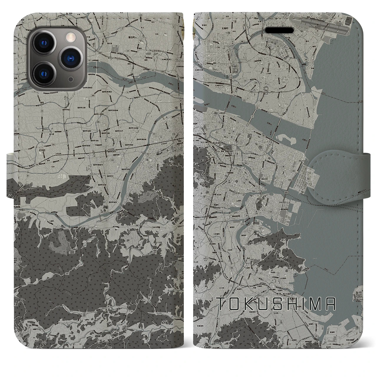 【徳島(徳島県)】地図柄iPhoneケース(手帳タイプ)モノトーン・iPhone 11 Pro Max 用