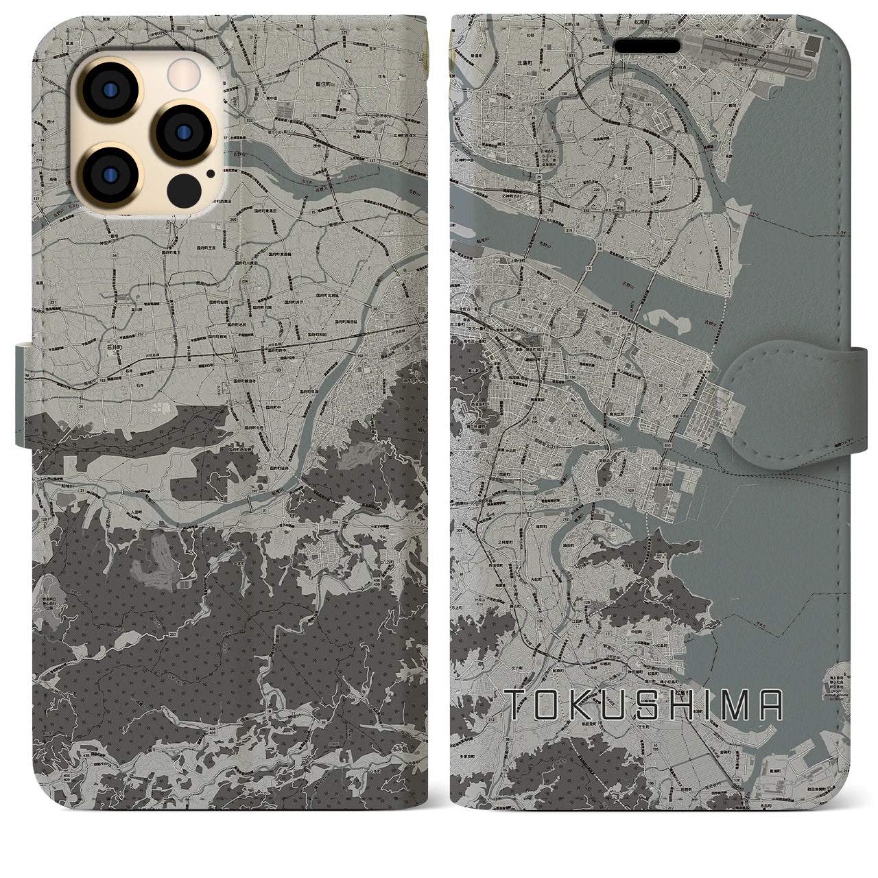 【徳島(徳島県)】地図柄iPhoneケース(手帳タイプ)モノトーン・iPhone 12 Pro Max 用