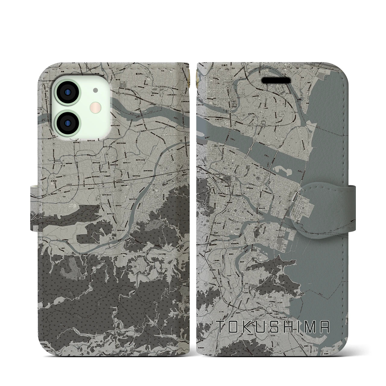 【徳島(徳島県)】地図柄iPhoneケース(手帳タイプ)モノトーン・iPhone 12 mini 用