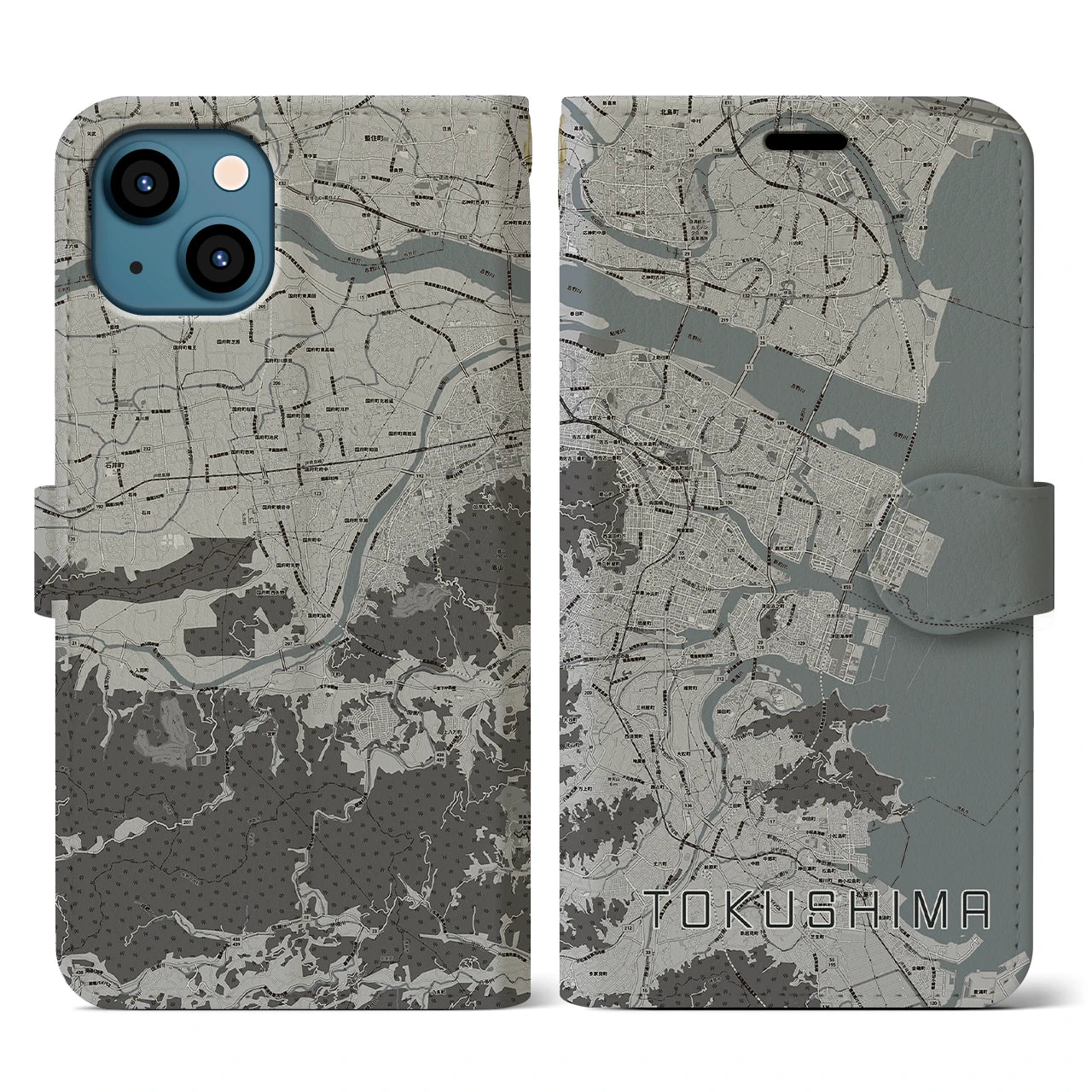 【徳島(徳島県)】地図柄iPhoneケース(手帳タイプ)モノトーン・iPhone 13 用