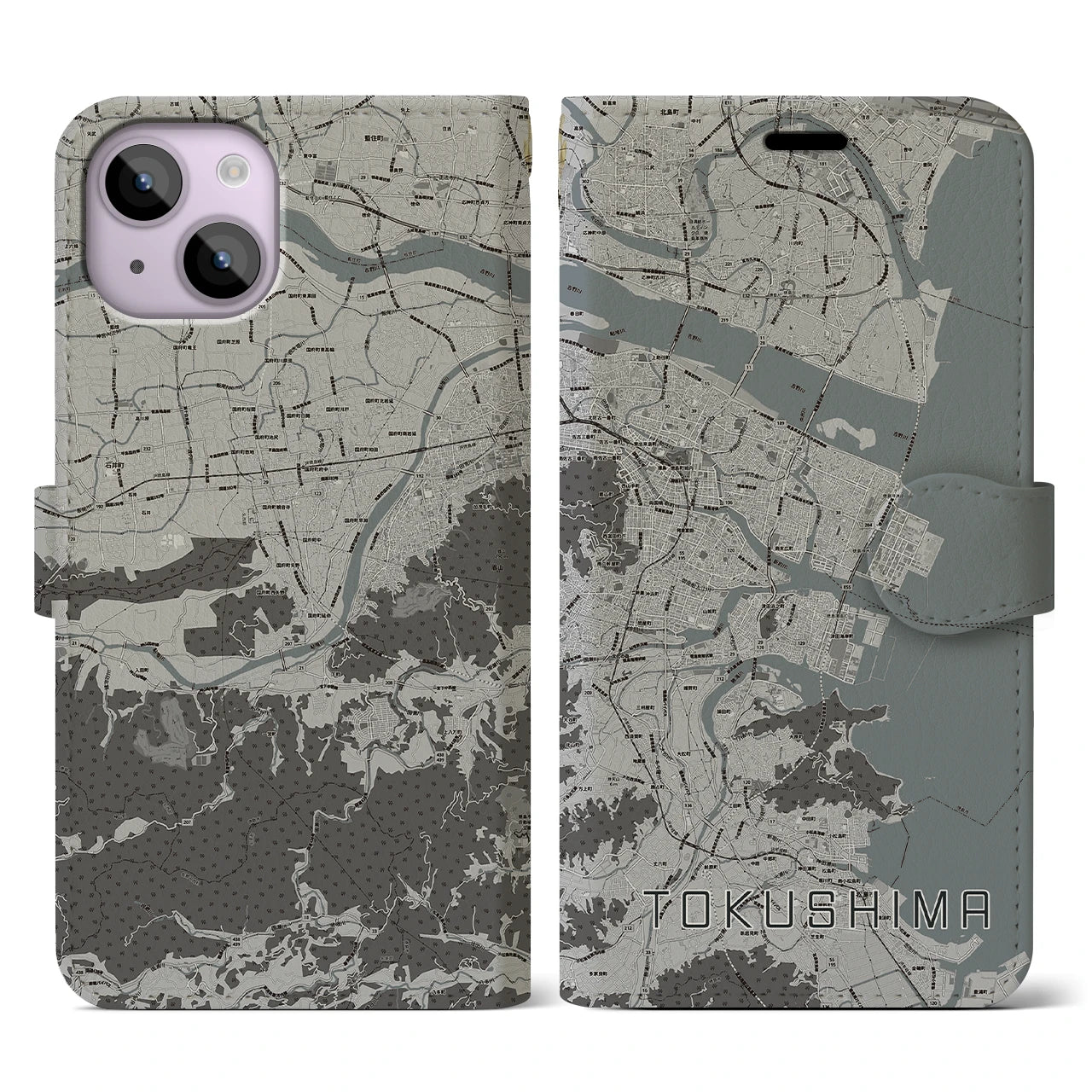 【徳島(徳島県)】地図柄iPhoneケース(手帳タイプ)モノトーン・iPhone 14 用