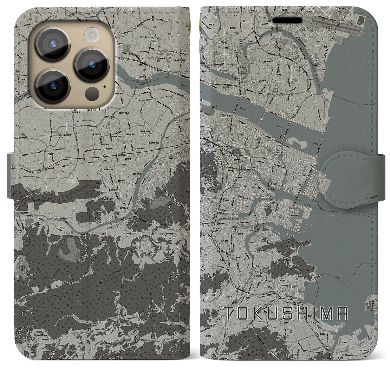 【徳島(徳島県)】地図柄iPhoneケース(手帳タイプ)モノトーン・iPhone 14 Pro Max 用