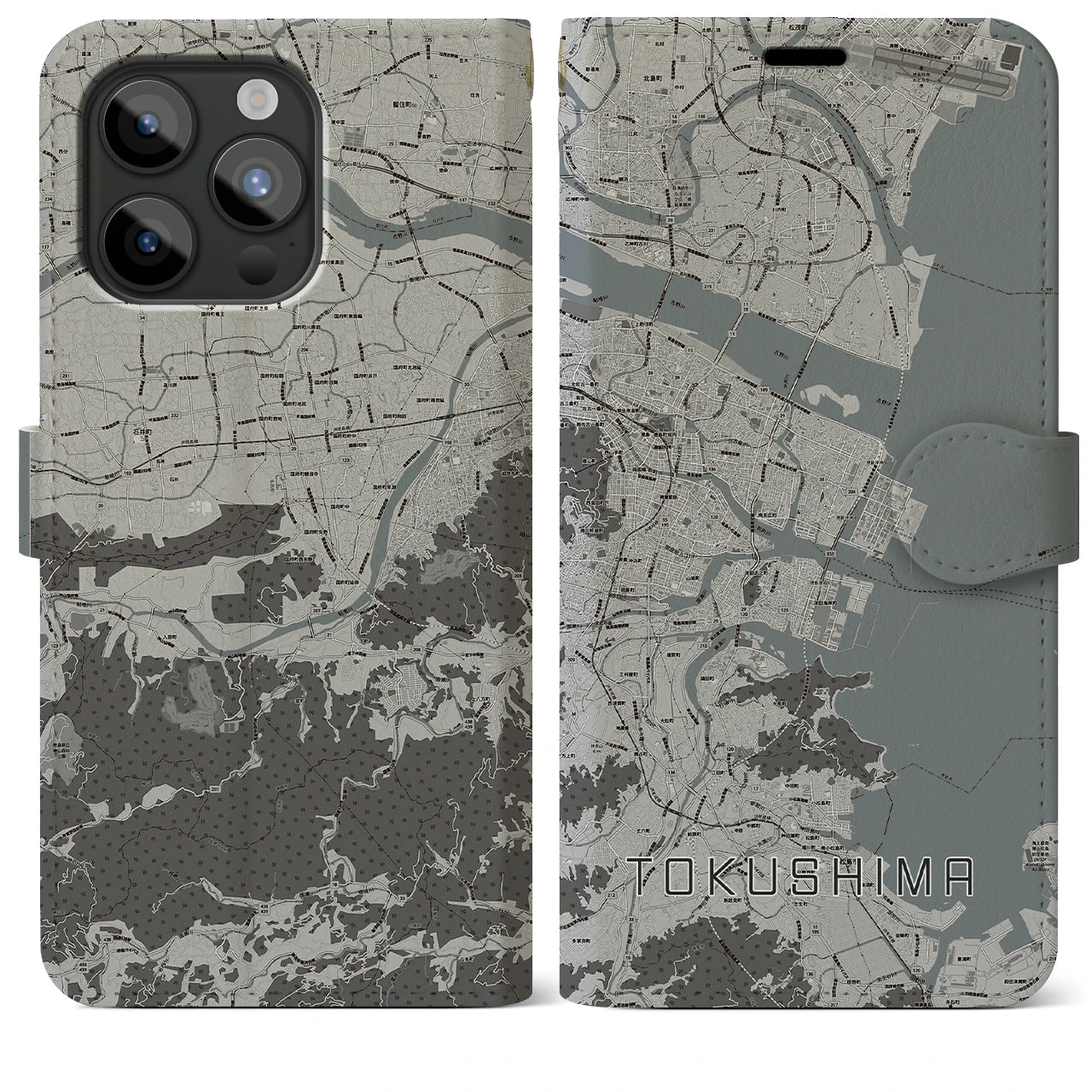 【徳島(徳島県)】地図柄iPhoneケース(手帳タイプ)モノトーン・iPhone 15 Pro Max 用