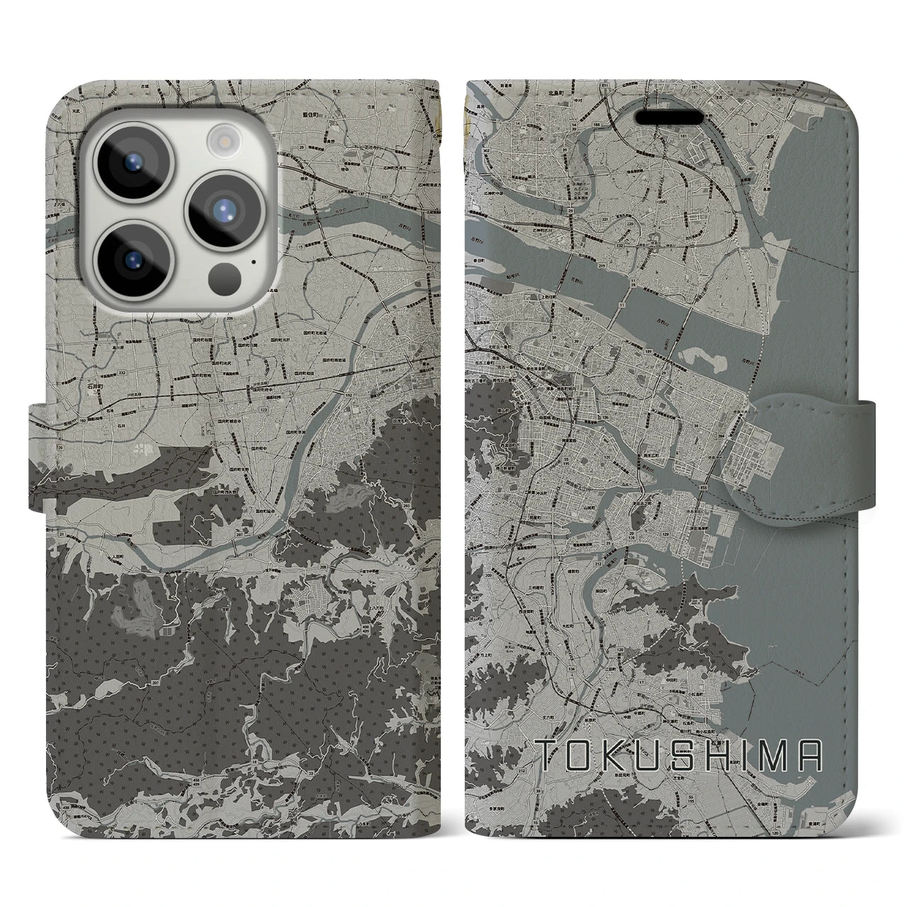 【徳島(徳島県)】地図柄iPhoneケース(手帳タイプ)モノトーン・iPhone 15 Pro 用