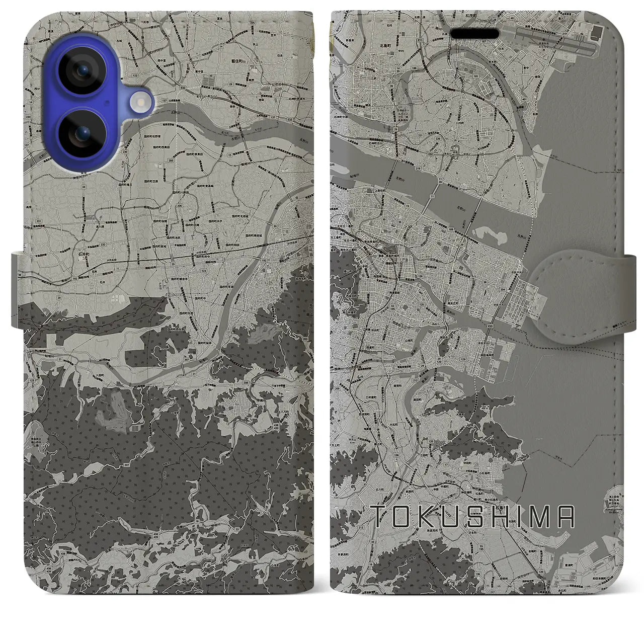 【徳島(徳島県)】地図柄iPhoneケース(手帳タイプ)モノトーン・iPhone 16 Pro Max 用