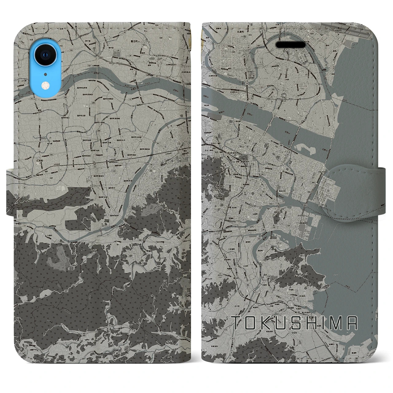 【徳島(徳島県)】地図柄iPhoneケース(手帳タイプ)モノトーン・iPhone XR 用