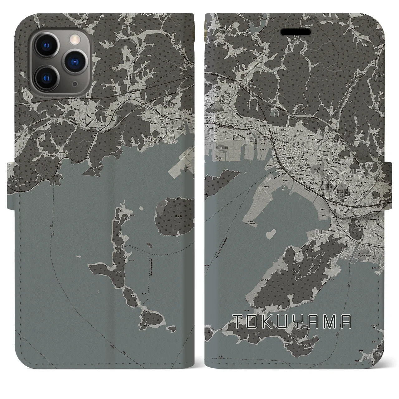 【徳山(山口県)】地図柄iPhoneケース(手帳タイプ)モノトーン・iPhone 11 Pro Max 用