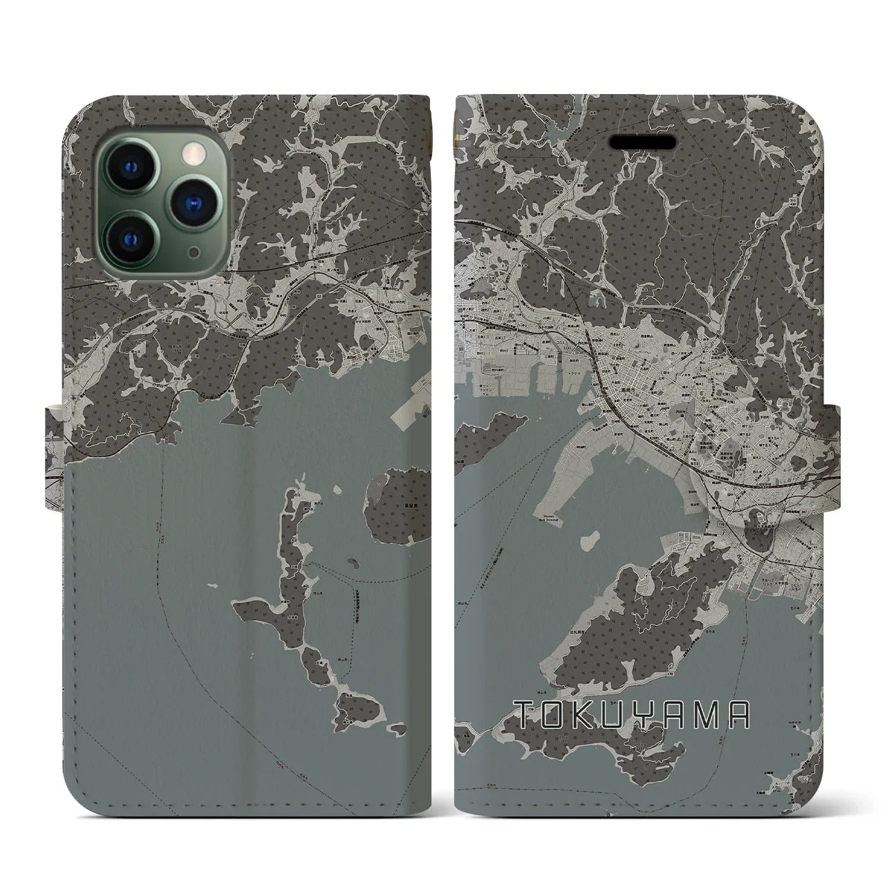 【徳山(山口県)】地図柄iPhoneケース(手帳タイプ)モノトーン・iPhone 11 Pro 用