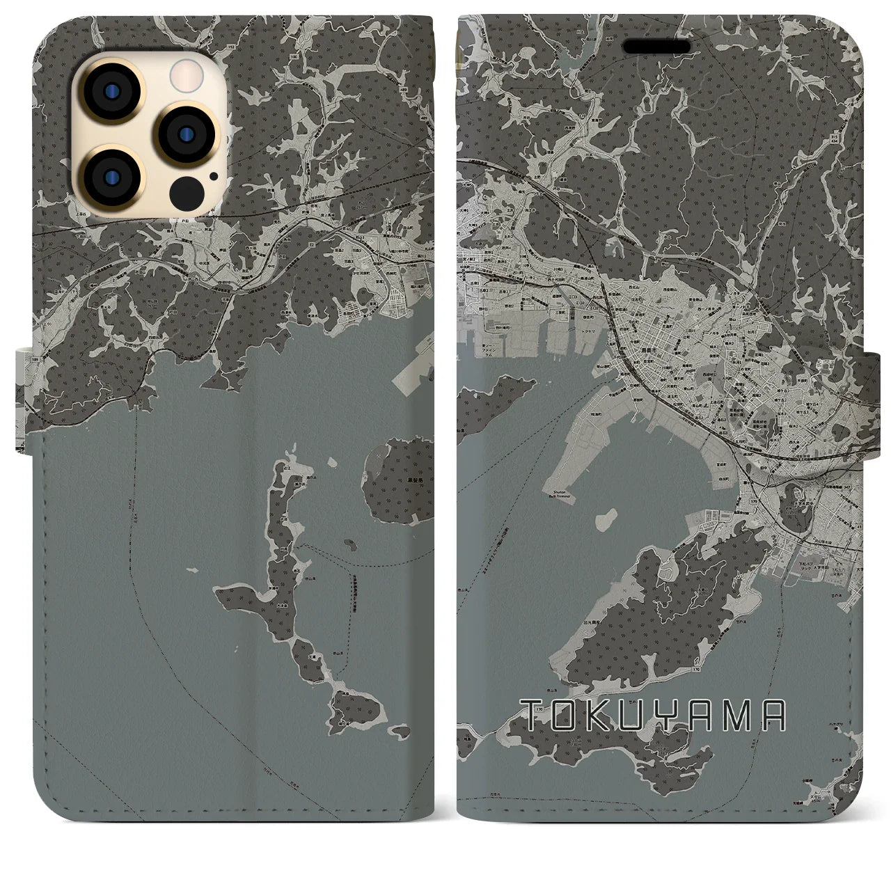 【徳山(山口県)】地図柄iPhoneケース(手帳タイプ)モノトーン・iPhone 12 Pro Max 用
