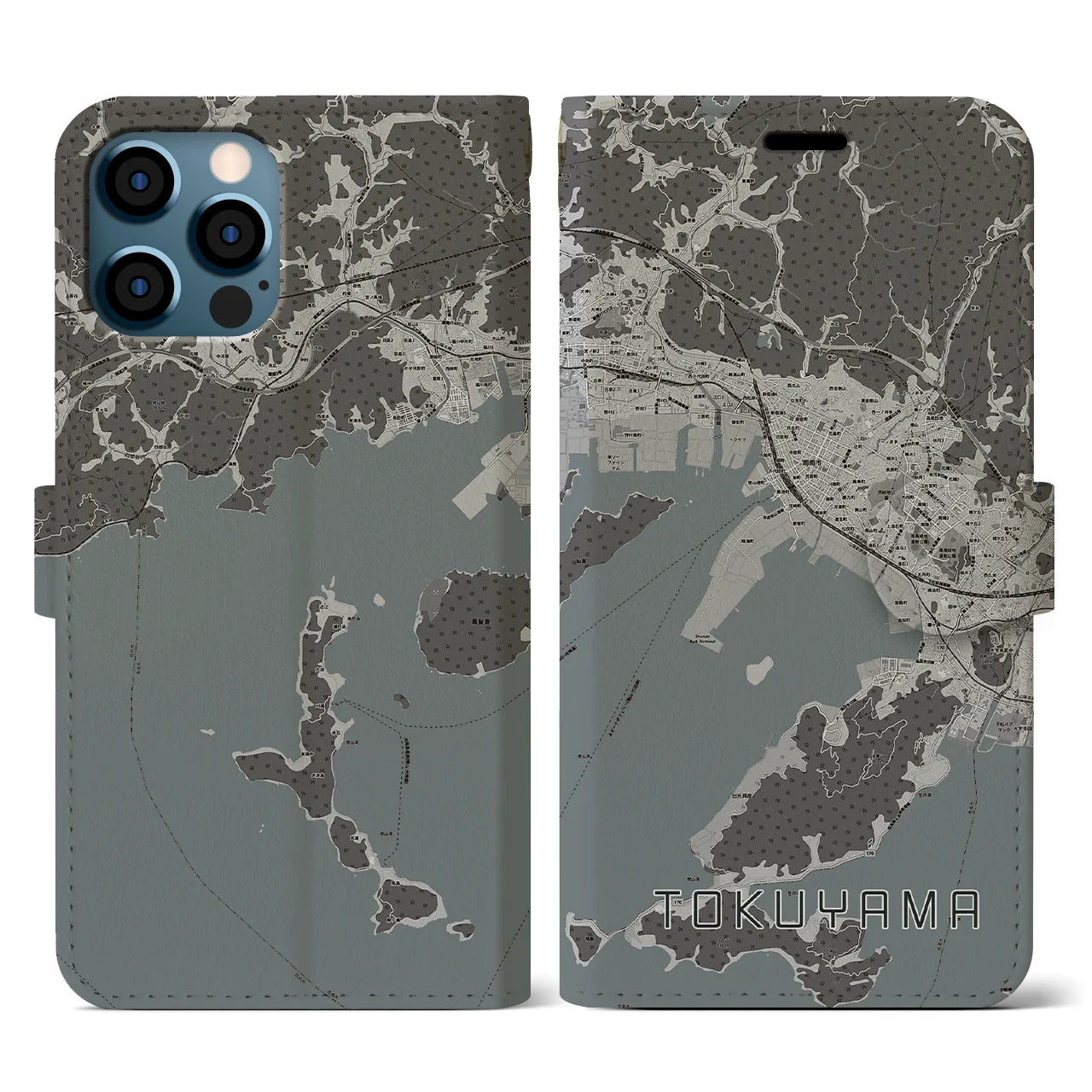 【徳山(山口県)】地図柄iPhoneケース(手帳タイプ)モノトーン・iPhone 12 / 12 Pro 用