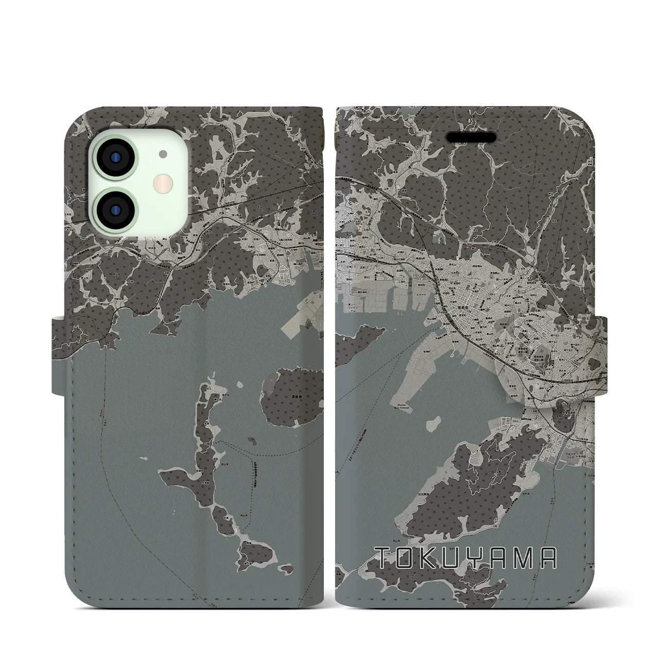 【徳山(山口県)】地図柄iPhoneケース(手帳タイプ)モノトーン・iPhone 12 mini 用