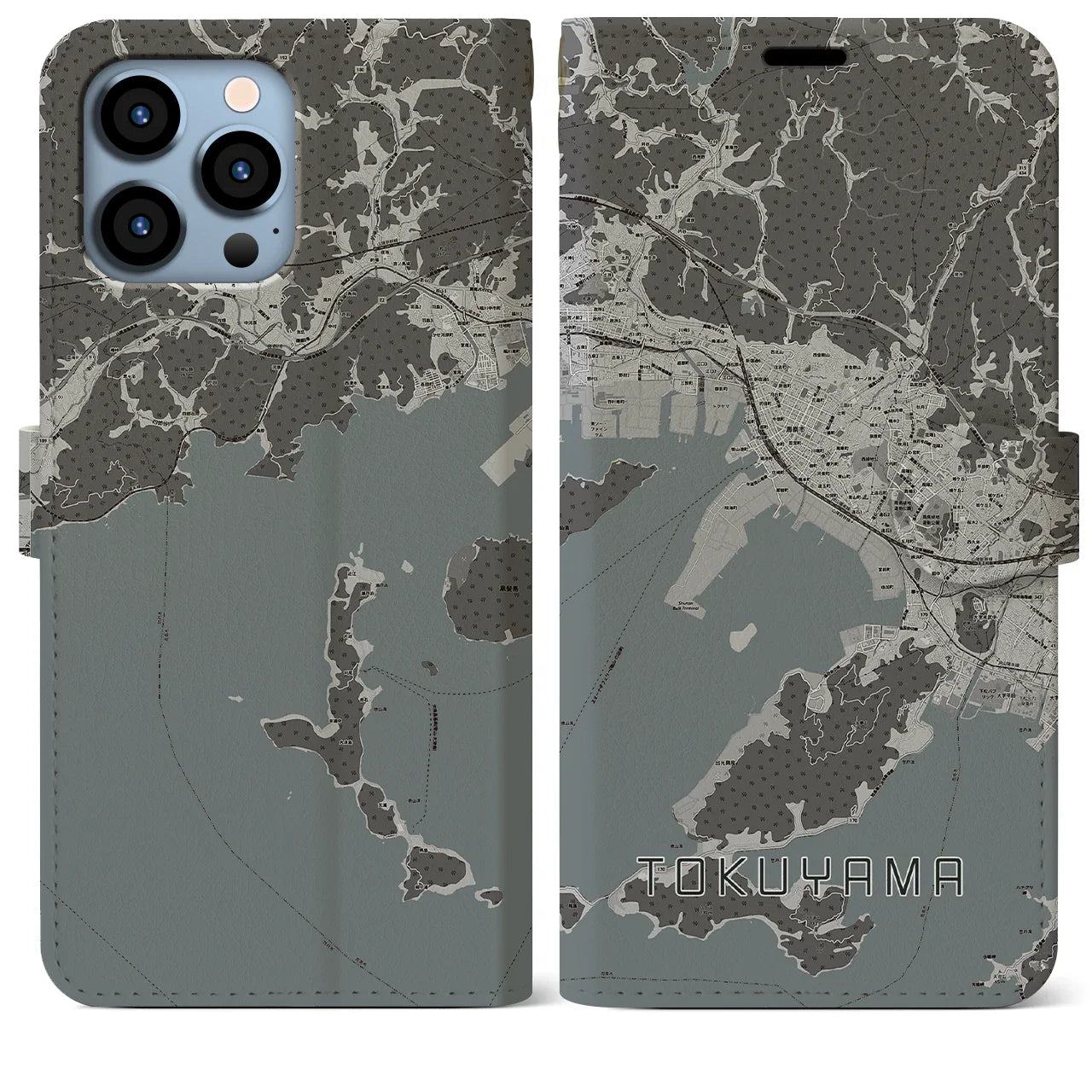 【徳山(山口県)】地図柄iPhoneケース(手帳タイプ)モノトーン・iPhone 13 Pro Max 用