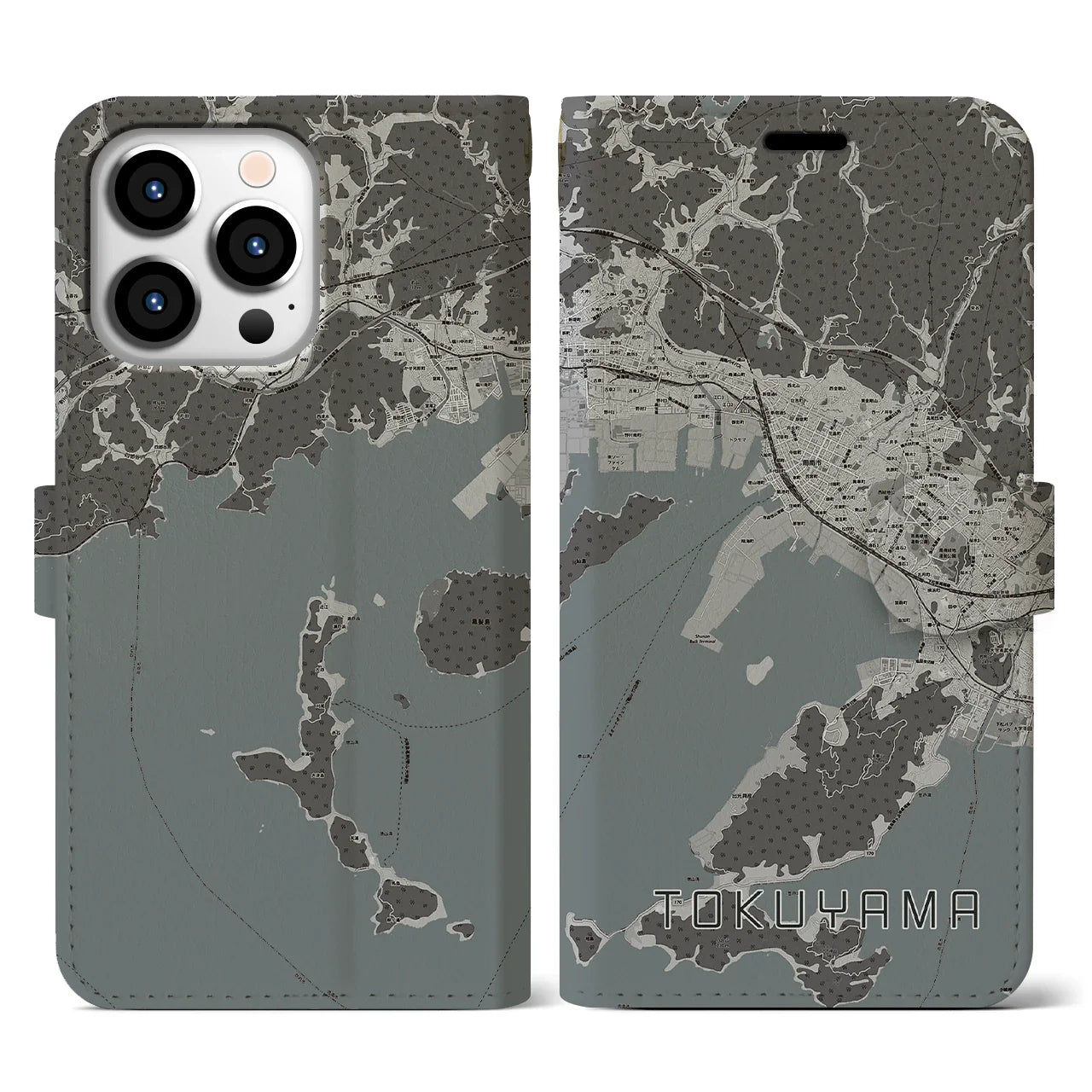 【徳山(山口県)】地図柄iPhoneケース(手帳タイプ)モノトーン・iPhone 13 Pro 用