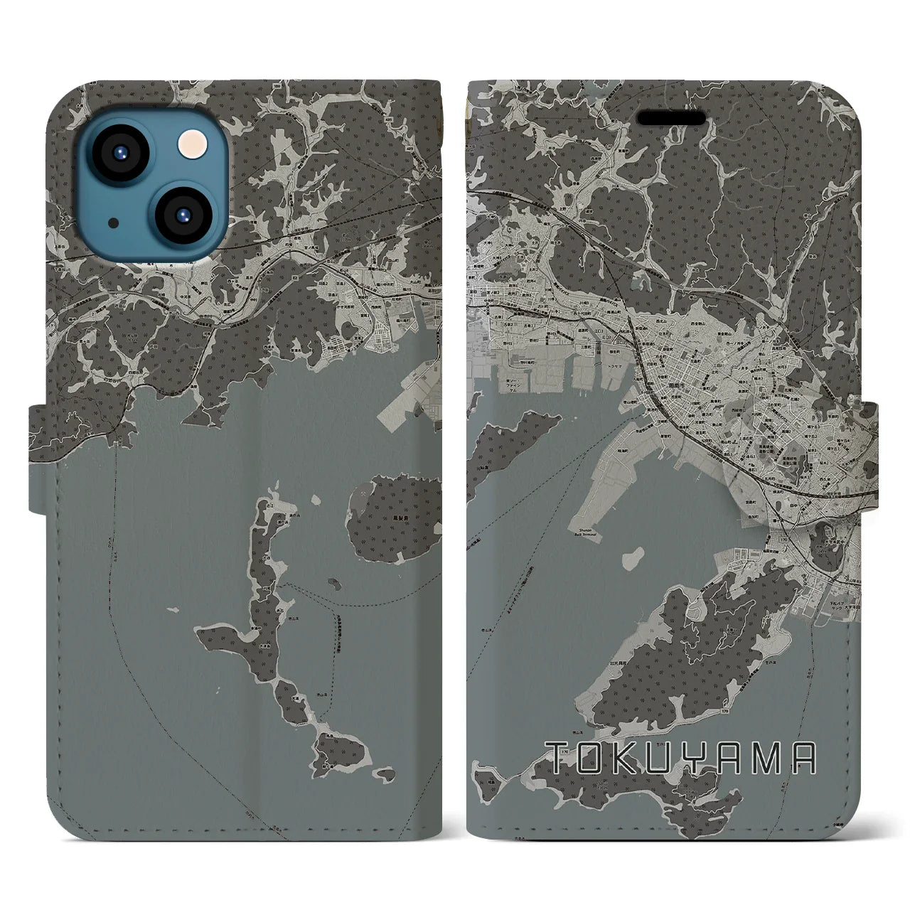 【徳山(山口県)】地図柄iPhoneケース(手帳タイプ)モノトーン・iPhone 13 用