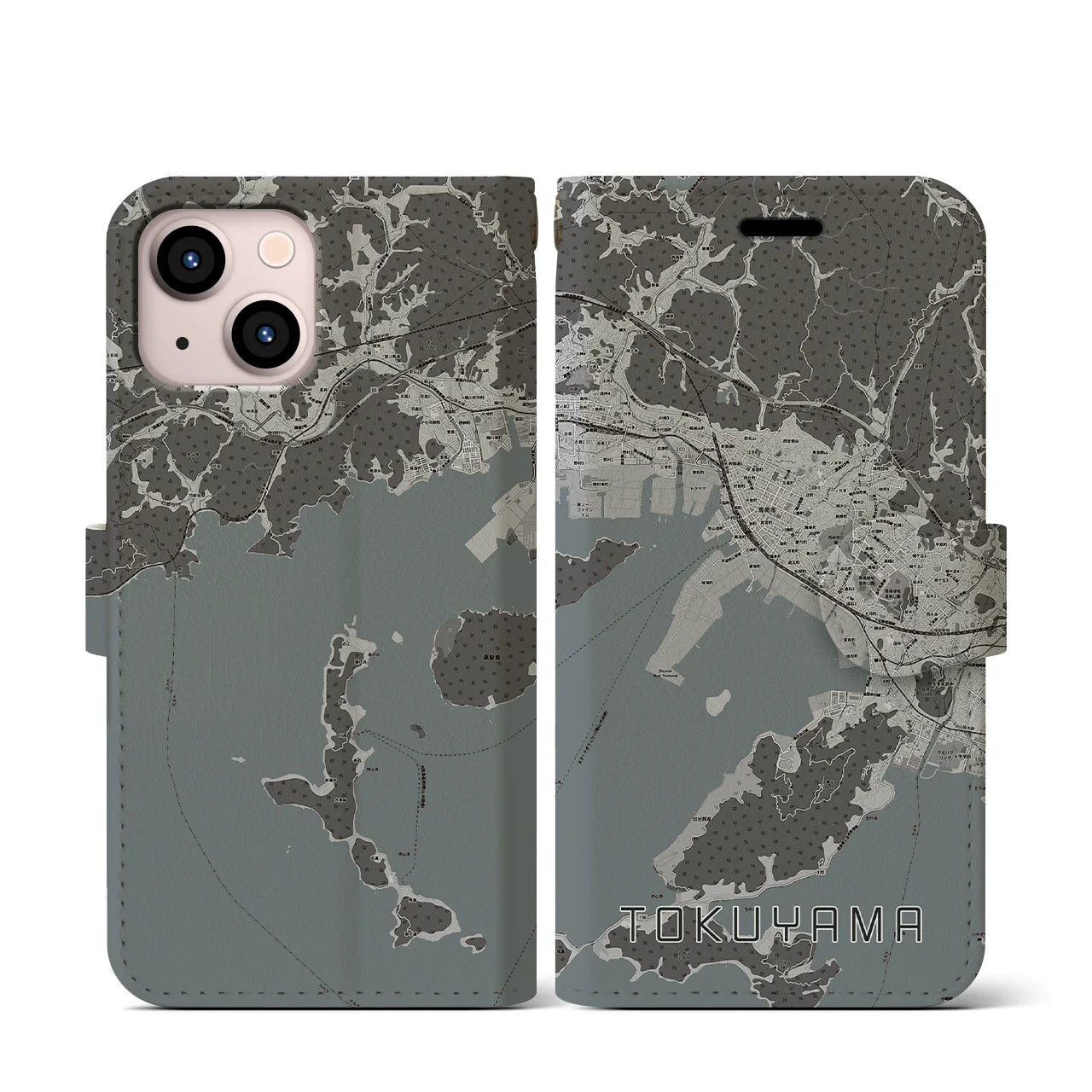 【徳山(山口県)】地図柄iPhoneケース(手帳タイプ)モノトーン・iPhone 13 mini 用