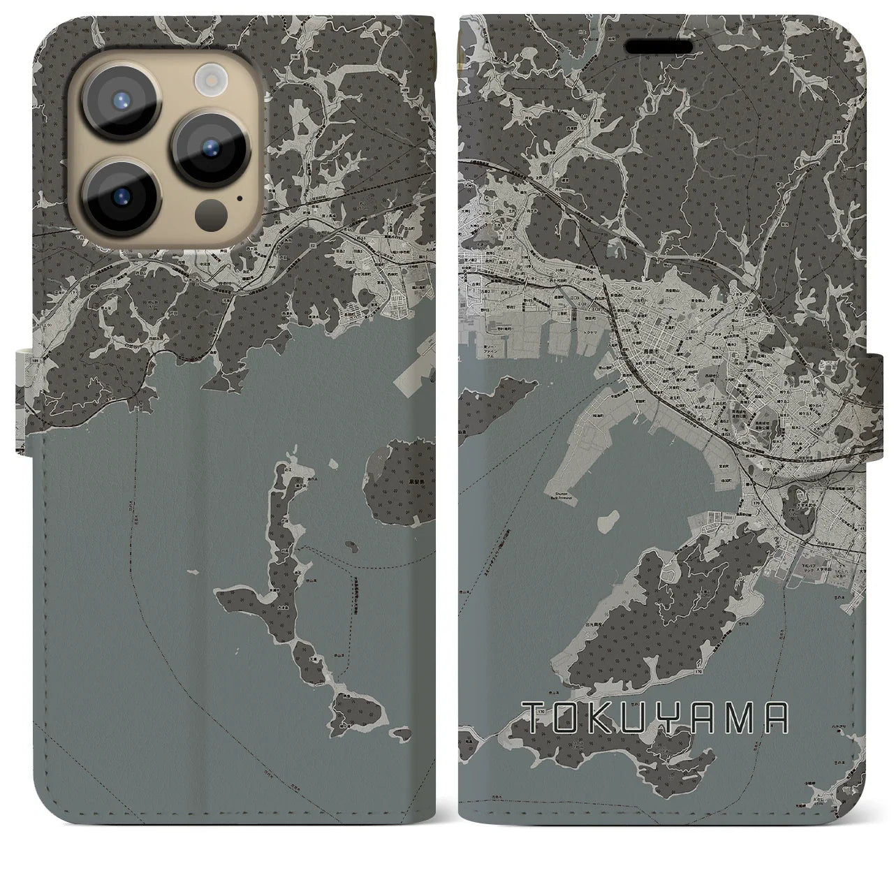 【徳山(山口県)】地図柄iPhoneケース(手帳タイプ)モノトーン・iPhone 14 Pro Max 用